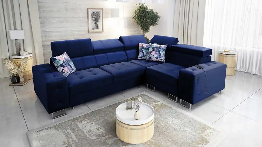 Ecksofa mit Schlaffunktion Hampton II navy blau rechts stilvolles Ecksofa Bett weiche Polsterung Stoffart Samt Neue Ware