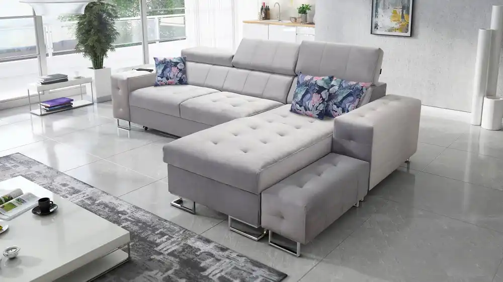 Ecksofa mit Schlaffunktion Hampton grau Esche rechts stilvolle Steppung auf der Sitzfläche weicher Polsterstoff Ecksofa mit Verlängerung Heißes Angebot