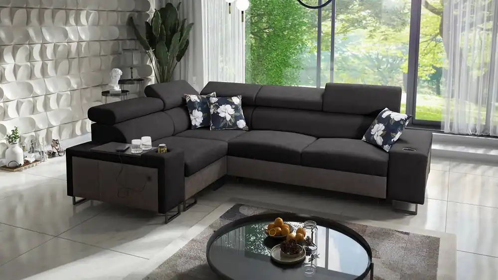 Echt Ecksofa mit Schlaffunktion Flavio II schwarz / graphit links bequemes Ecksofa Bett offene Bar in der Seite des Möbels