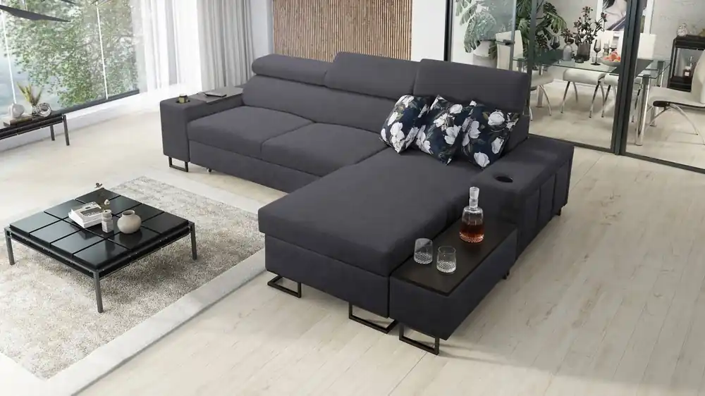 Ecksofa mit Schlaffunktion Flavio graphit rechte Seite bequemes elegantes Ecksofa mit einer Ausziehstange, die sich in der Seite des Möbels öffnet Versand Am Gleichen Tag