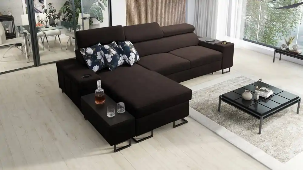 Ecksofa mit Schlaffunktion Flavio braun links bequemes elegantes Ecksofa mit einer seitlich zu öffnenden Verlängerungsstange des Möbels Solange Der Vorrat Reicht