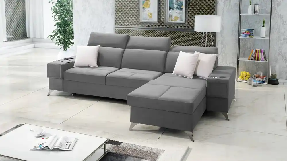 Echt Ecksofa mit Schlaffunktion Elgin grau rechtes Ecksofa mit verstellbaren Kopfstützen praktische Schubladen in den Seiten des Möbels