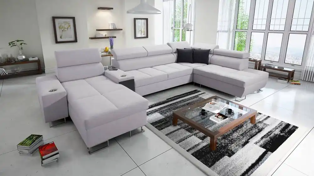 Versand Am Gleichen Tag Ecksofa mit Schlaffunktion Dafni V grau Esche links geflochten bequemes und praktisches Ecksofa mit verstellbaren Kopfstützen