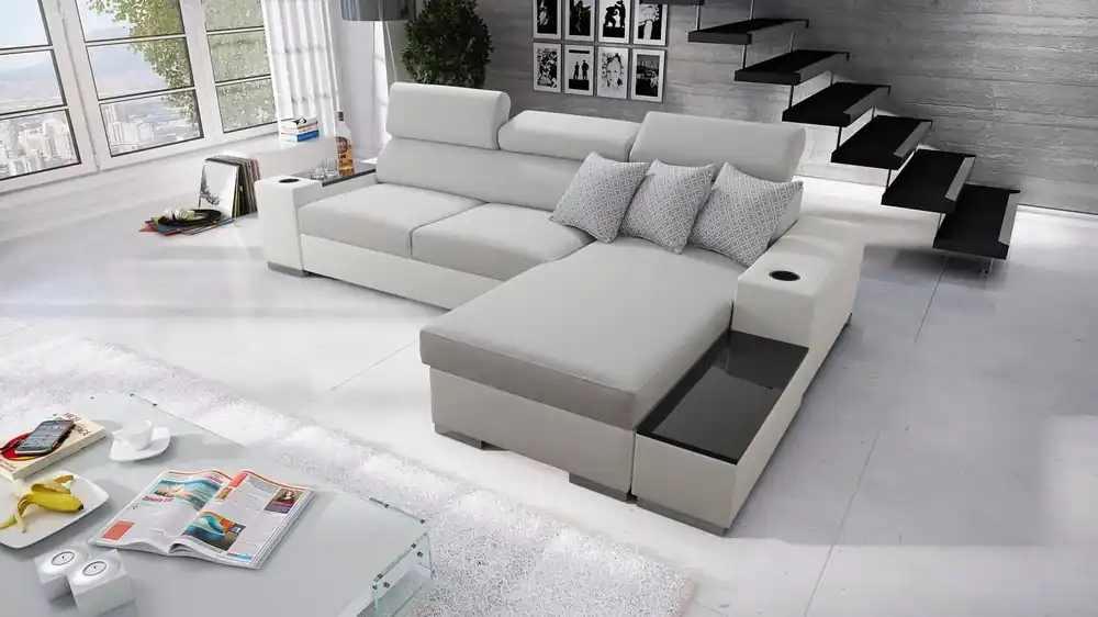 Nur Heute Ecksofa mit Schlaffunktion Provo grau / weiß rechtes Ecksofa mit Bettkasten und Funktionserweiterung
