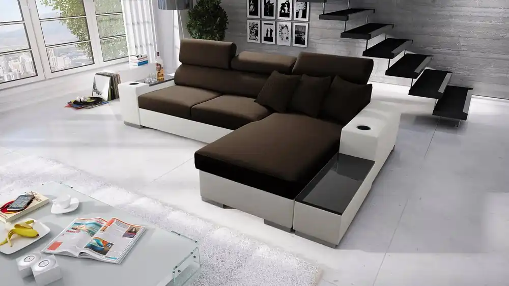 Markenware Ecksofa mit Schlaffunktion Provo braun / weiß rechtes Ecksofa mit Bettkasten und Funktionserweiterung