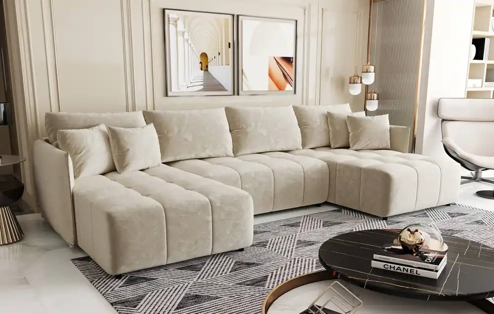 Ecksofa mit Schlaffunktion Oroso U beige Bettzeugcontainer weicher Samtstoff mit hydrophober Beschichtung dekorative Steppung Saisonangebot