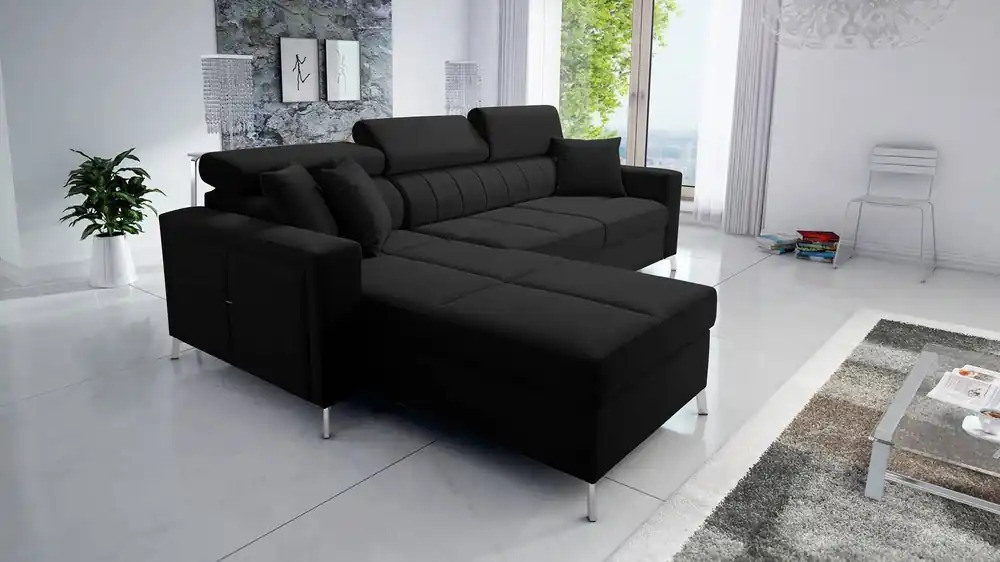 Schnäppchen Ecksofa mit Schlaffunktion Nausa schwarz links Samt stilvoll bequemes Ecksofa verstellbare Kopfstützen Bettzeug Container
