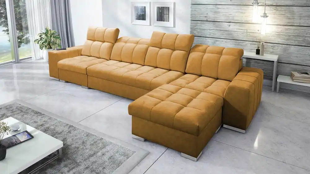 Neu Im Sortiment Ecksofa mit Schlaffunktion Luigi XII honey rechtes ein stilvolles Ecksofa für das Wohnzimmer in einer minimalistischen und eleganten Ausführung