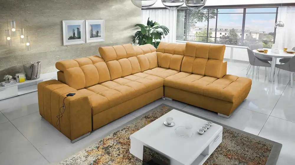 Ecksofa mit Schlaffunktion Luigi VII Honig rechts bequemes klappbares Ecksofa in einer modernen Form Letzte Chance