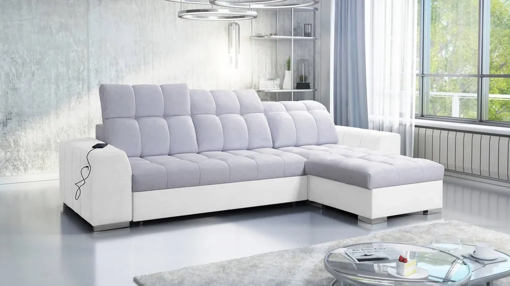Wochenendangebot Ecksofa mit Schlaffunktion Luigi Esche Grau / Weiß rechtsseitig Ecksofa mit zwei Bettkästen Stoff mit interessanter Struktur