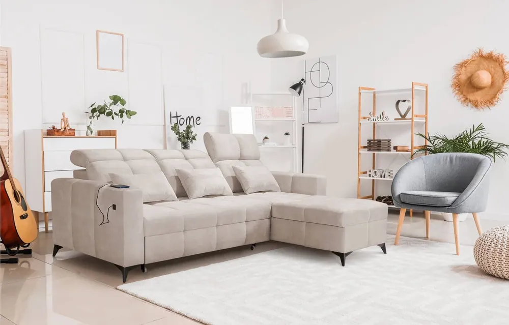 Top-Angebot Ecksofa mit Schlaffunktion Laredo beige rechte Ecke komfortables und stilvolles Schlafsofa mit Bettzeugcontainer