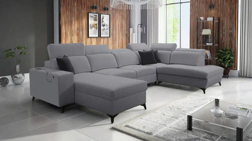 Ecksofa mit Schlaffunktion Kelly Sleek VI grau linke Seite modernes Design Ecksofa für Wohnzimmer mit verstellbaren Kopfstützen Neue Ware