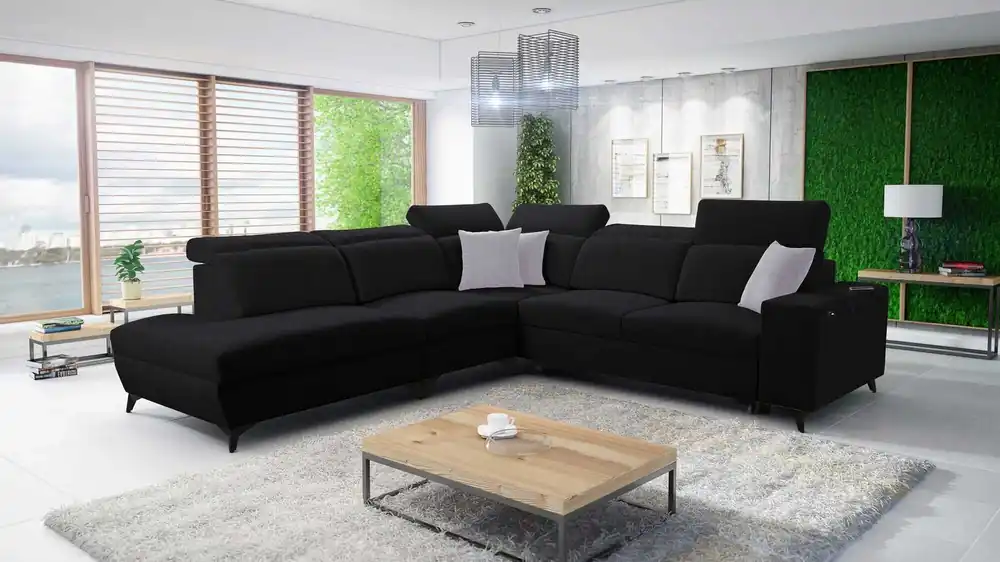 Ecksofa mit Schlaffunktion Kelly Sleek IX schwarz links elegantes Ecksofa mit bequemen Armlehnen und verstellbaren Kopfstützen Markenware