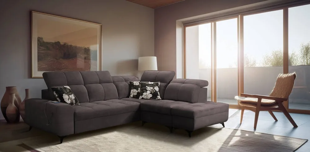 Solange Der Vorrat Reicht Ecksofa mit Schlaffunktion Buffalo VII braun rechtsseitig stilvolles Ecksofa mit Bettzeugcontainer Velourstoff