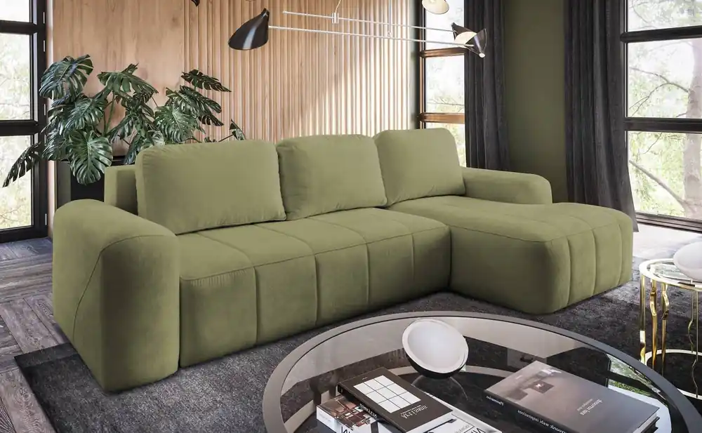Ecksofa mit Schlaffunktion Bovec grüne Olive rechte Seite stilvolles Ecksofa mit ergonomischer Form hydrophobem Stoff Top-Preis