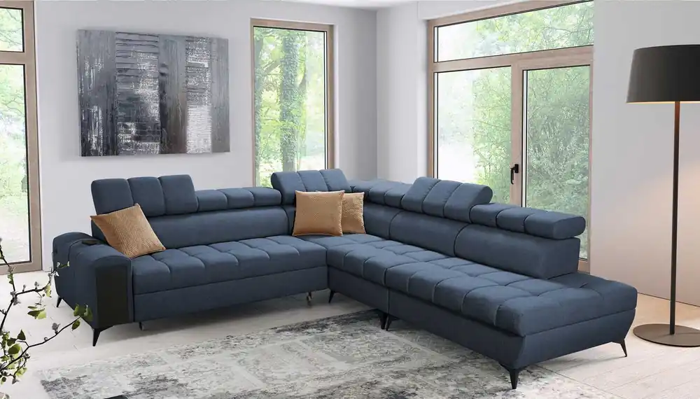 Ecksofa mit Schlaffunktion Bolmso IX blau rechte Seite bequemes Ecksofa für Wohnzimmer mit Schublade Bettzeug Container stilvolles Design Sofort Bestellen