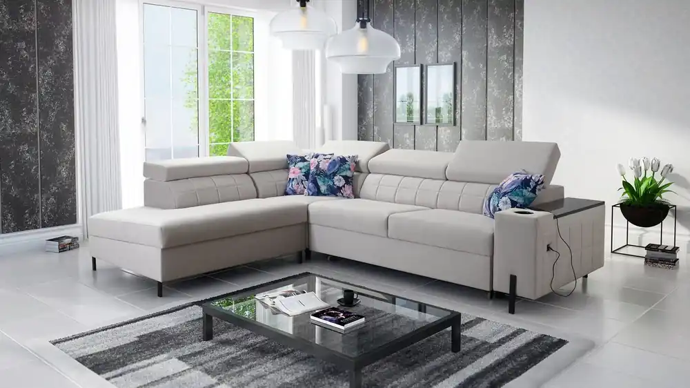 Ecksofa mit Schlaffunktion Belvi III grau links bequemes und elegantes Ecksofa für das Wohnzimmer mit praktischem Stauraum an der Seite Expressversand