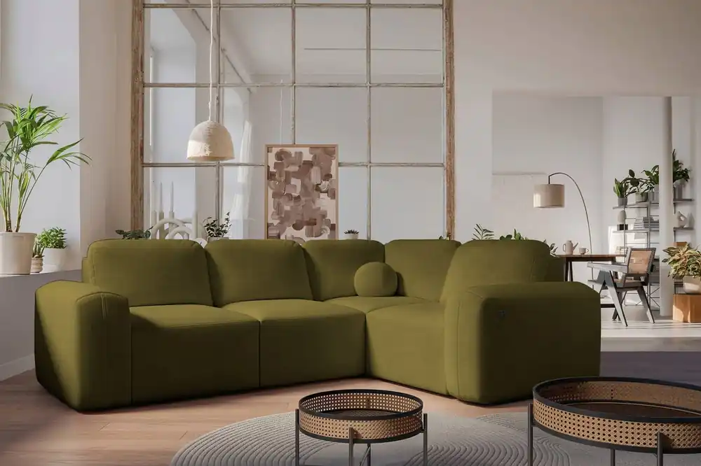Ecksofa mit Schlaffunktion Arbon II oliv rechts stilvolles Design markante runde Form Behälter für Bettzeug Zertifiziert