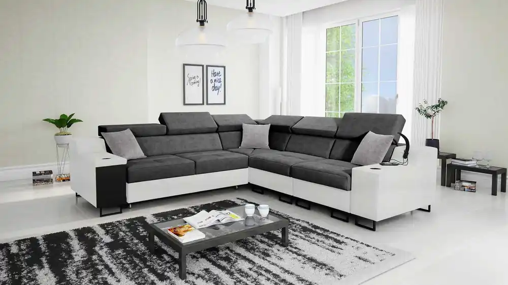 Ecksofa mit Schlaffunktion Alcamo III grau / weiß rechts Funktions-Ecksofa mit Schublade in der Seite zwei Behälter für Bettzeug Top-Preis