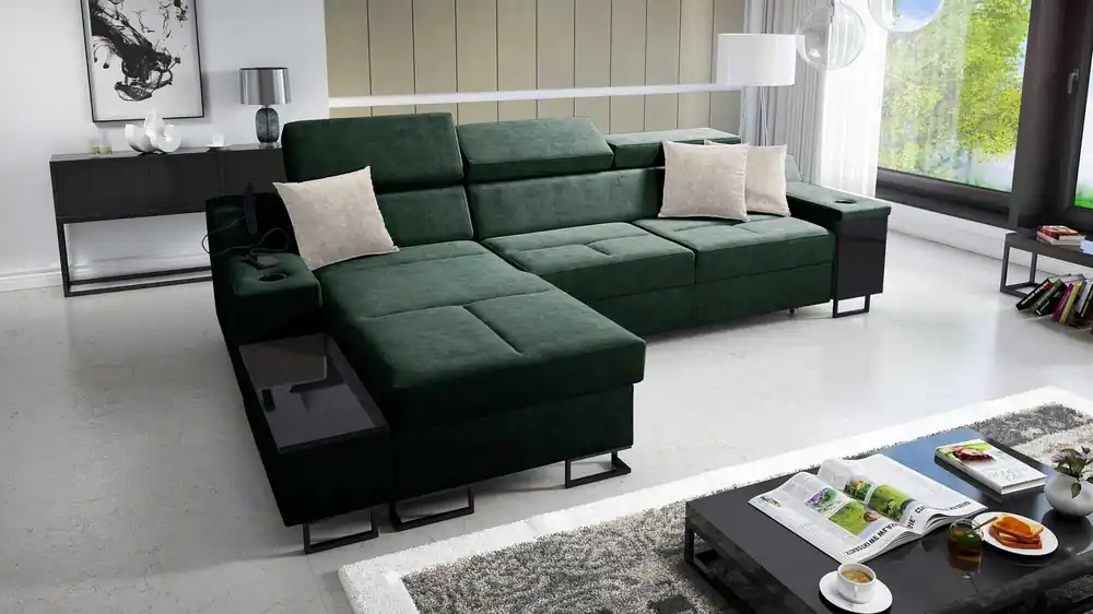 Ecksofa mit Schlaffunktion Alcamo grün links elegantes und stilvolles Ecksofa mit einer ausziehbaren praktischen Schublade an der Seite des Möbels Schnäppchen