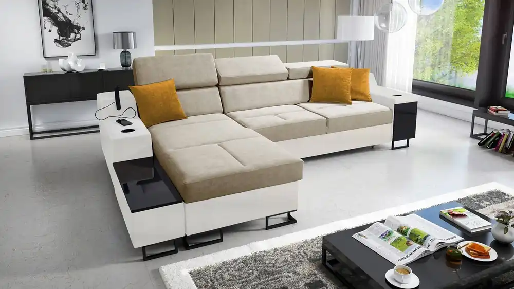 Versand Am Gleichen Tag Ecksofa mit Schlaffunktion Alcamo beige/weiß links elegantes und stilvolles Ecksofa mit einer ausziehbaren praktischen Schublade an der Seite des Möbels