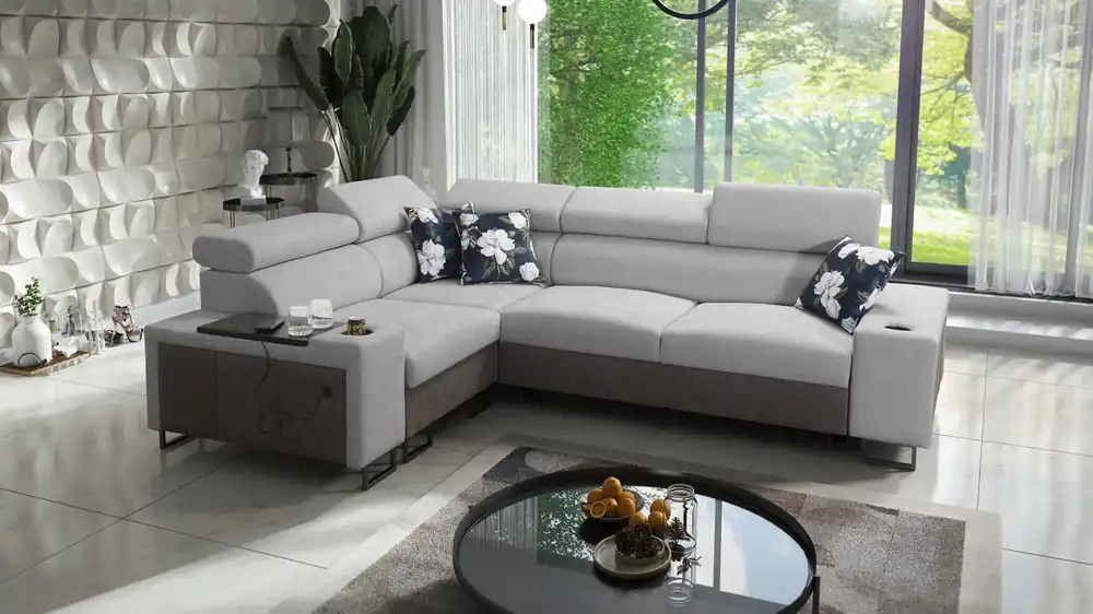 Super-Preis Schlafsofa Flavio II hellgrau / graphit links komfortable Eckschlafcouch offene Bar in der Seite der Möbel