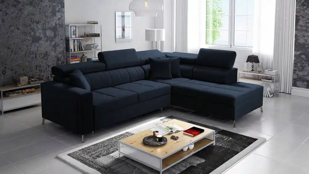 Nausa III Ecksofa mit Schlaffunktion marineblau rechts Samt stilvolles bequemes Ecksofa verstellbare Kopfstützen Bettzeugcontainer Echt