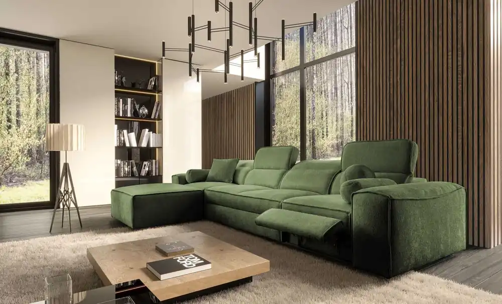 Meistverkauft Ecksofa mit Schlaffunktion Viano XII Lux grün linksseitiges Designer-Ecksofa für das Wohnzimmer mit komfortablem ausziehbarem Fußteil