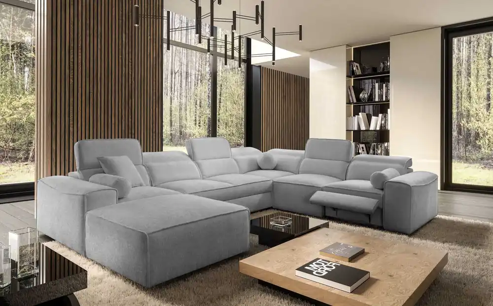 Ecksofa mit Schlaffunktion Viano VIII Lux hellgrau links Design-Ecksofa mit ausziehbarem Fußteil Bettzeug-Container Preisknaller