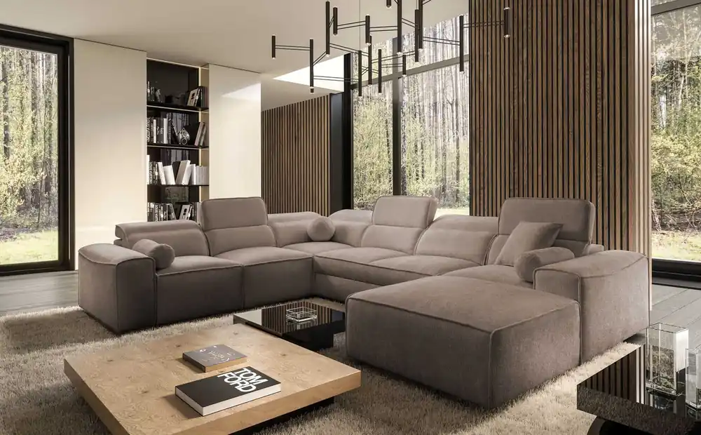 Neu Im Sortiment Ecksofa mit Schlaffunktion Viano VIII hellbraun rechts modernes Ecksofa mit interessantem Design Container für Bettzeug