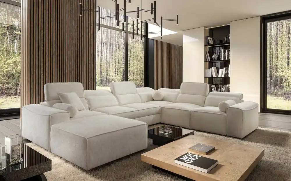 Ecksofa mit Schlaffunktion Viano VIII creme links modernes Ecksofa mit interessantem Design Container für Bettzeug Echt