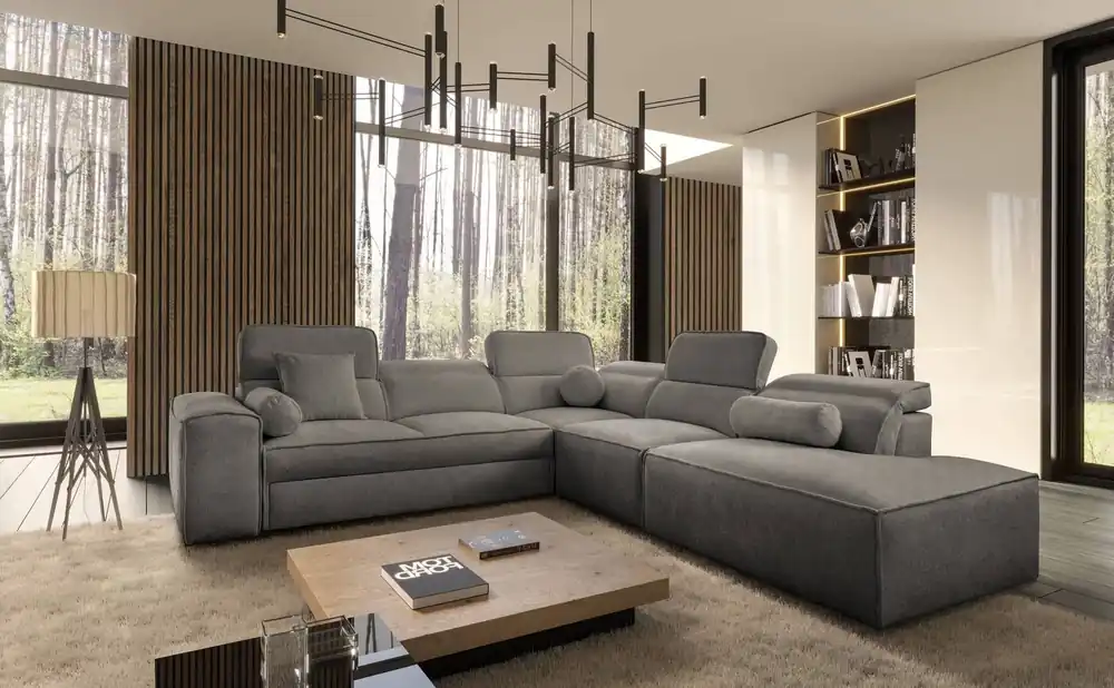 Neue Ware Ecksofa mit Schlaffunktion Viano IX grau rechte Seite stilvolles Ecksofa mit Bettzeugcontainern ideales Möbelstück für ein großes Wohnzimmer