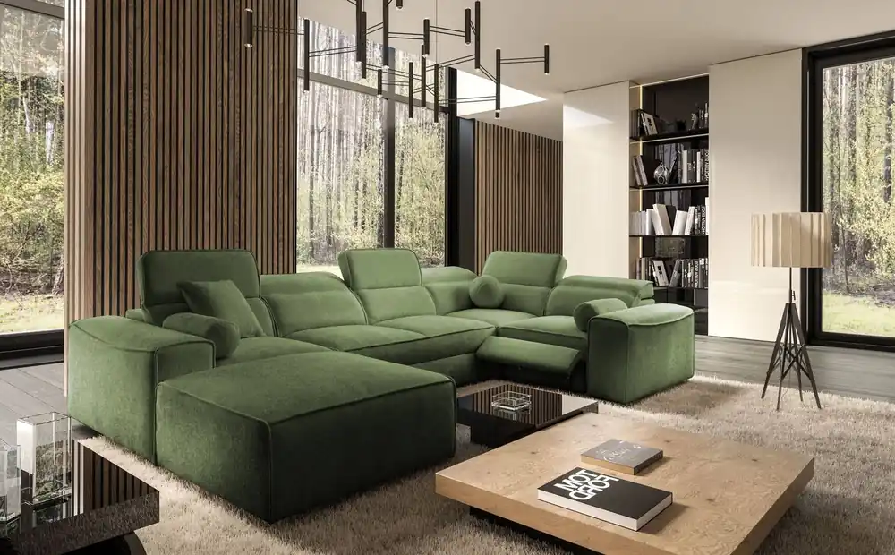 Ecksofa mit Schlaffunktion Viano IV Lux grün links Design-Ecksofa mit ausziehbarem Fußteil großes Bettzeugfach Billig