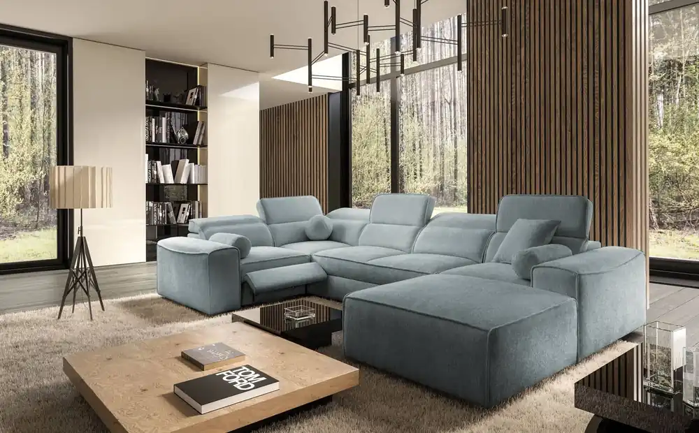 Ecksofa mit Schlaffunktion Viano IV Lux grau-blau rechts Design-Ecksofa mit ausziehbarem Fußteil großer Bettkasten Nur Für Kurze Zeit