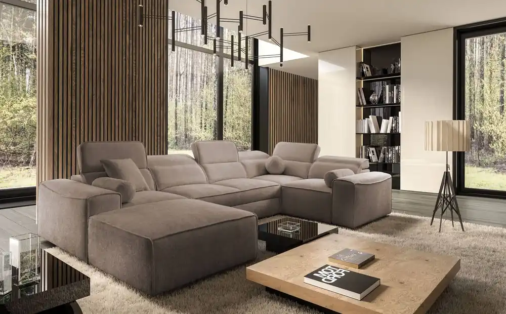 Sofort Bestellen Ecksofa mit Schlaffunktion Viano IV hellbraunes links Designer Ecksofa das sich perfekt in moderne Einrichtungen einfügt