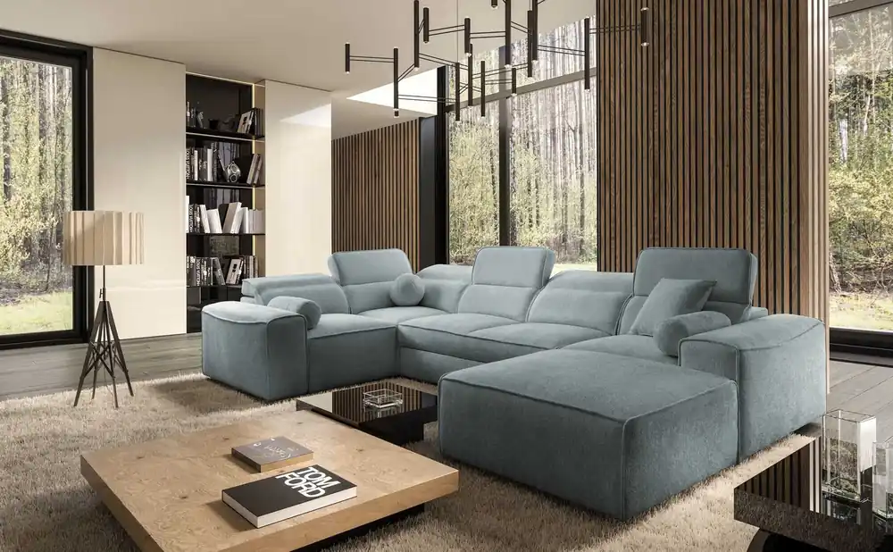 Ecksofa mit Schlaffunktion Viano IV grau-blau rechts Designer-Ecksofa das sich perfekt in moderne Einrichtungen einfügt Sofort Bestellen