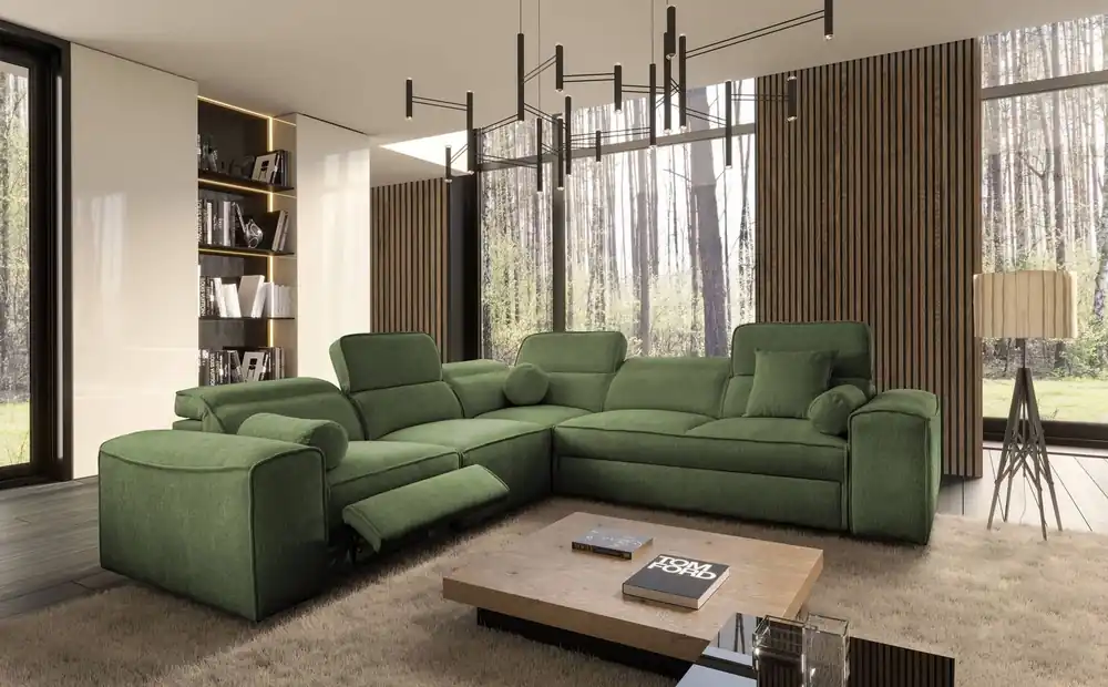 Jetzt Kaufen Ecksofa mit Schlaffunktion Viano III Lux grün links modernes Ecksofa für Wohnzimmer mit ausziehbarem Fußteil Bettwäschecontainer