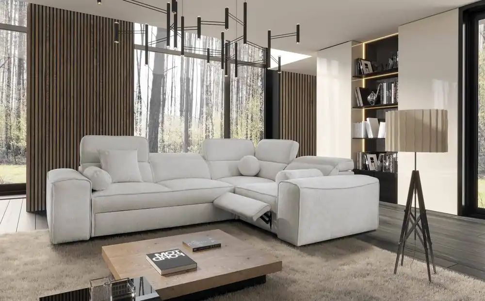 Begrenztes Angebot Ecksofa mit Schlaffunktion Viano II Lux grau Esche rechtshändig Designer-Ecksofa für das Wohnzimmer mit komfortablem ausziehbarem Fußteil