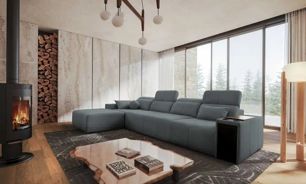 Ecksofa mit Schlaffunktion Tesalia XII grau links modernes Design komfortable Schiebelehne Schublade in der Seite des Möbels Saisonangebot
