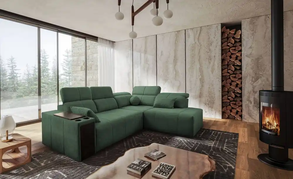Bestpreis Ecksofa mit Schlaffunktion Tesalia VII mint rechte Ecke modernes Design komfortable Schiebelehne Schublade in der Seite des Möbels