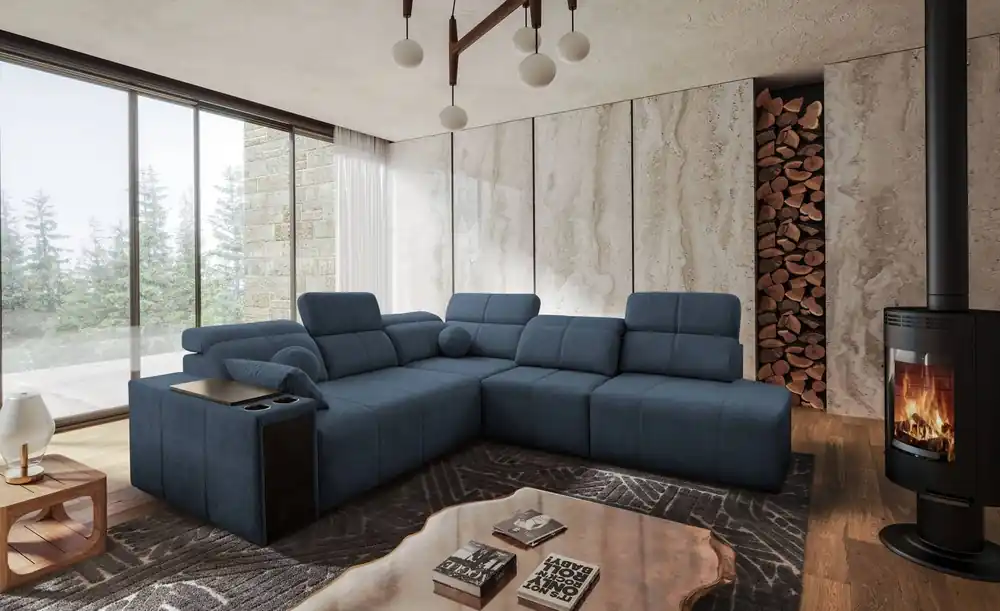 Angebot Ecksofa mit Schlaffunktion Tesalia IX blau rechte Ecke modernes Design komfortable Schiebelehne Schublade in der Seite des Möbels