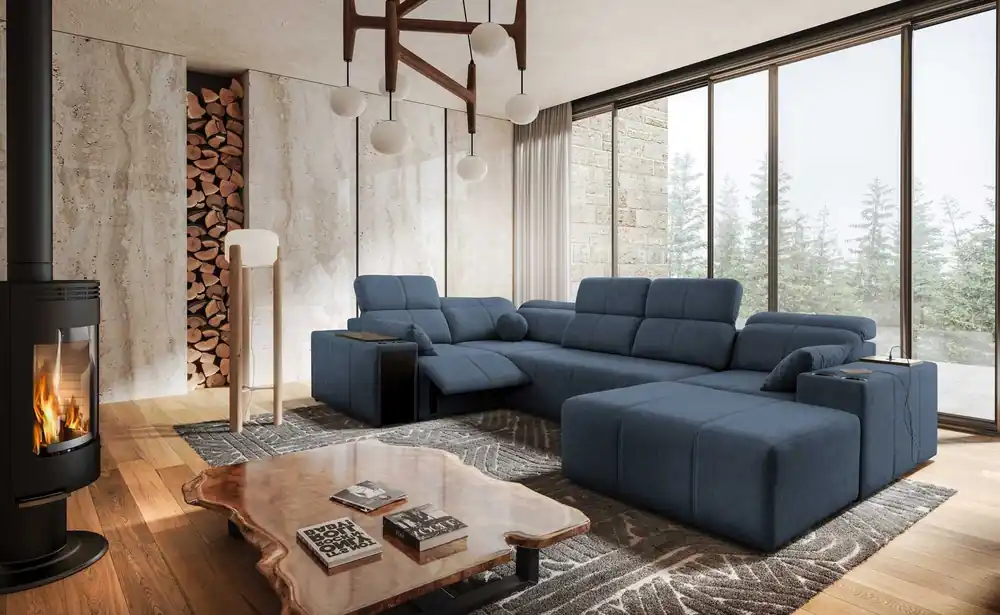 Super-Preis Ecksofa mit Schlaffunktion Tesalia IV Lux blau rechtsseitig stilvolles Ecksofa mit ausziehbarem Fußteil und Schiebefunktion der Rückenlehne