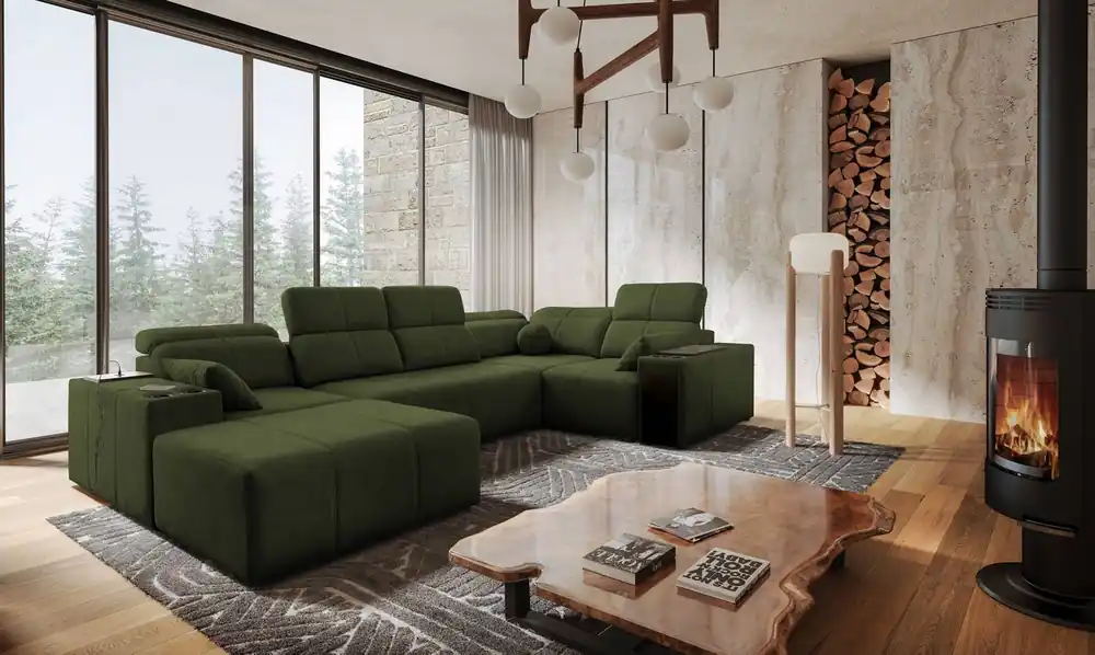 Markenware Ecksofa mit Schlaffunktion Tesalia IV grün links bequemes Ecksofa für das Wohnzimmer mit innovativer Schiebefunktion der Rückenlehne