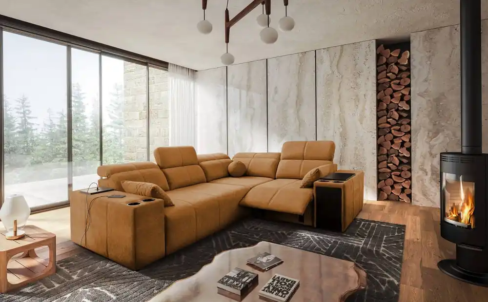 Ecksofa mit Schlaffunktion Tesalia II Lux honey right komfortables Ecksofa mit verschiebbarer Rückenlehne und ausziehbarer Fußstütze Günstig