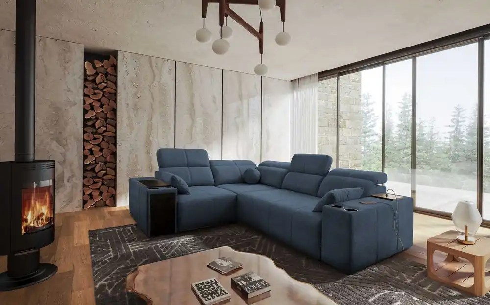 Billig Ecksofa mit Schlaffunktion Tesalia II blau links bequemes Ecksofa für Wohnzimmer mit verschiebbarer Rückenlehne Bettzeugcontainer