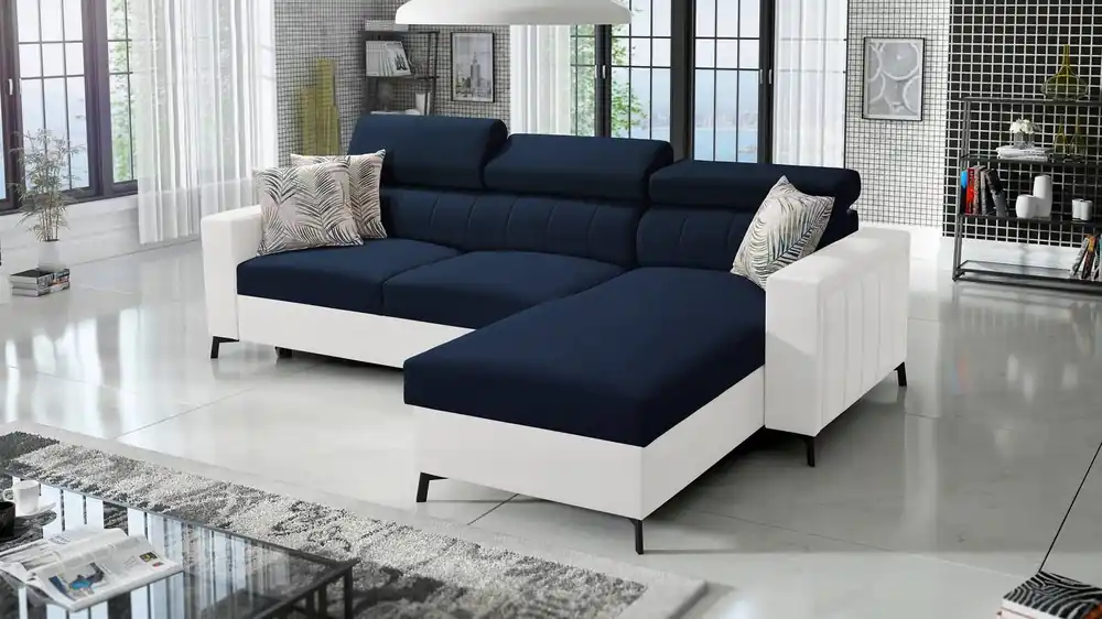 Sonderangebot Ecksofa mit Schlaffunktion Savona navy blau / weiß rechts elegantes Ecksofa mit verstellbaren Kopfstützen Ziernähte