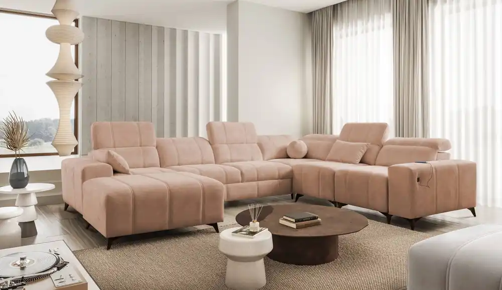 Ecksofa mit Schlaffunktion Penejos VIII Lachsfarbe linke Seite stilvolles Ecksofa Bett aus strapazierfähigem Stoff Neu