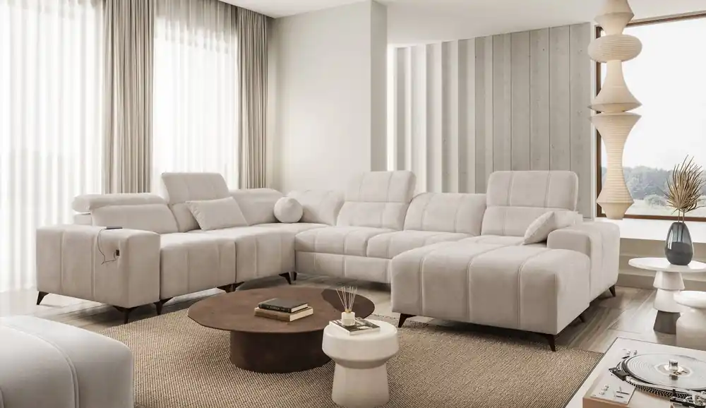 Ecksofa mit Schlaffunktion Penejos VIII beige rechte Seite stilvolles Ecksofa Bett aus strapazierfähigem Stoff Abverkauf