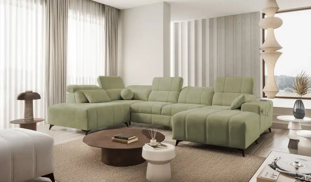 Ecksofa mit Schlaffunktion Penejos VI olive rechts stilvolles Ecksofa mit zwei Bettkästen strapazierfähigem Stoff Direktkauf