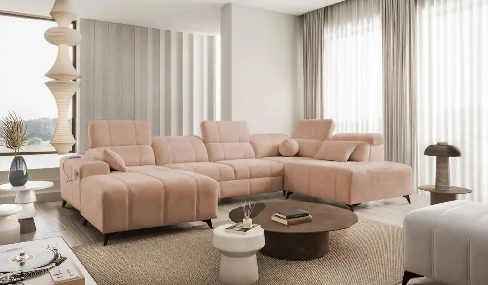 Geprüft Ecksofa mit Schlaffunktion Penejos VI lachsfarben links stilvolles Ecksofa mit zwei Bettkästen strapazierfähiger Stoff